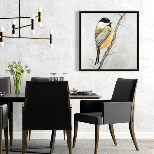 Petite mésange noire sur toile | Décoration d'oiseau encadrée grise