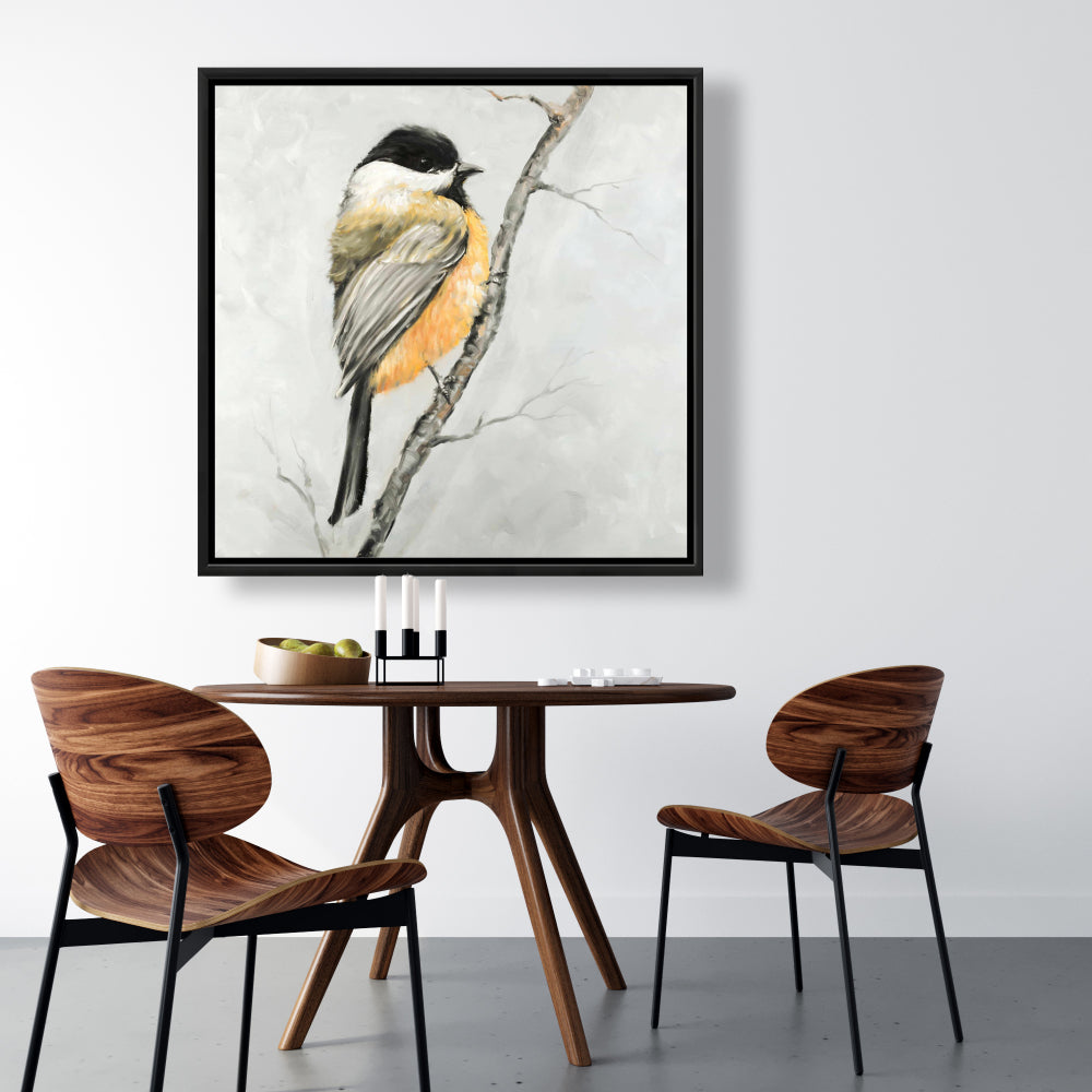 Small Coal Tit Canvas | Gray Framed Bird Art for Home Decor