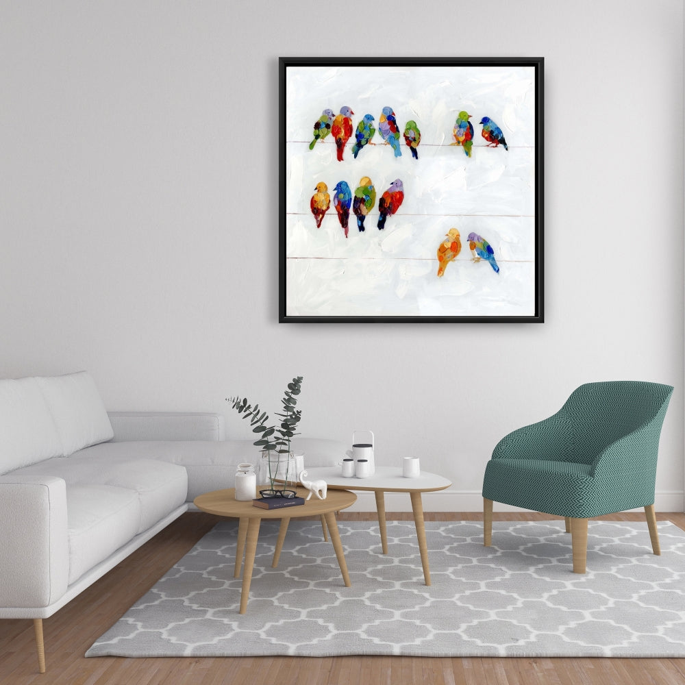 Oiseaux colorés sur un fil - Décoration de chambre bleue sur toile encadrée