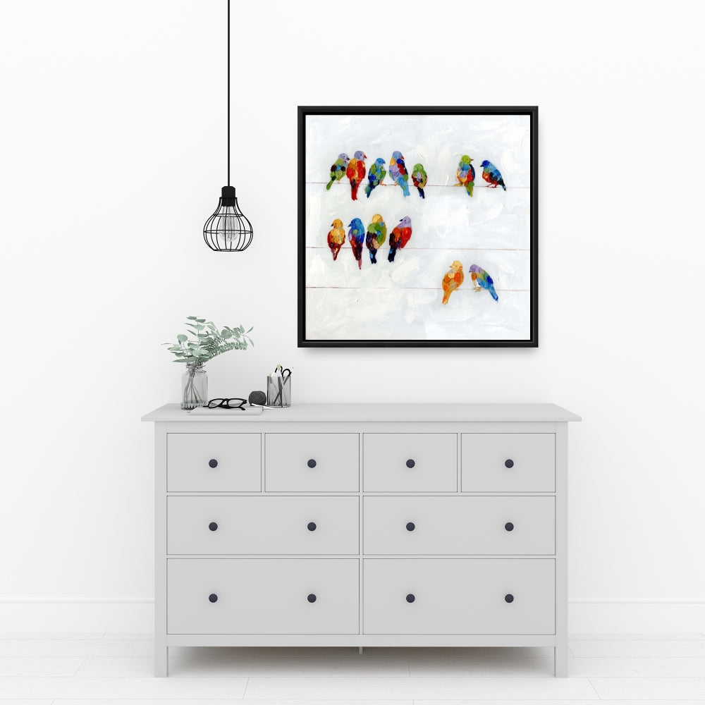 Colorful Birds on a Wire - Blue Bedroom Framed Canvas Decor