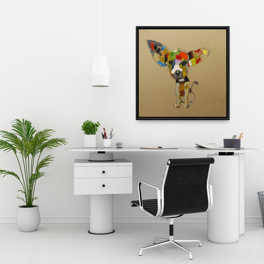 Toile abstraite colorée représentant un chihuahua | Décoration pour animaux encadrée beige