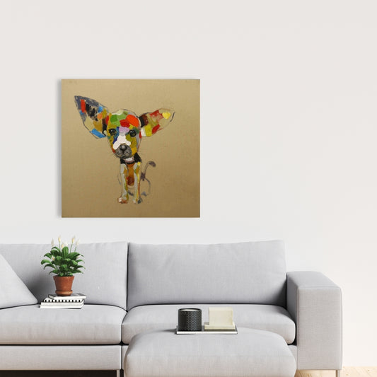 Toile abstraite colorée représentant un chihuahua - Décoration d'intérieur beige