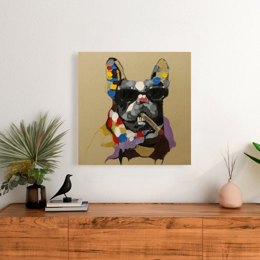Toile abstraite représentant un chien fumeur | Décoration pour animaux de compagnie grise