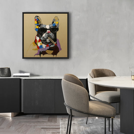 Toile contemporaine grise « Homme des cavernes » | Décor abstrait de chien fumeur