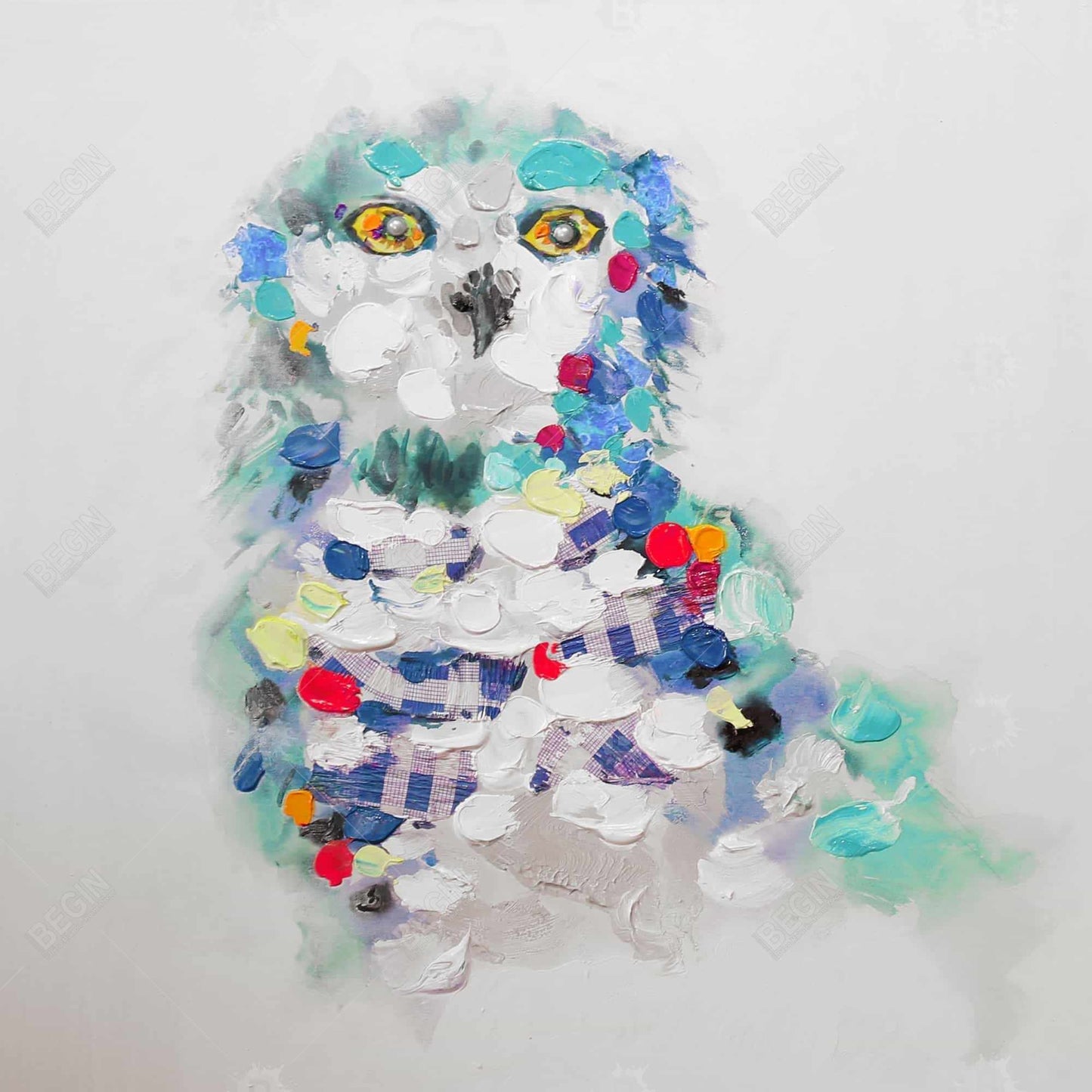 Toile abstraite représentant un hibou – Art contemporain bleu encadré