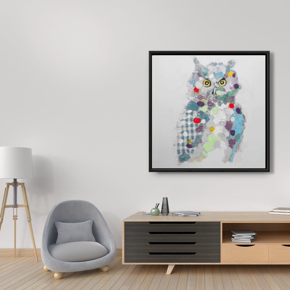 Toile encadrée texturée motif hibou abstrait | Décoration murale de chambre