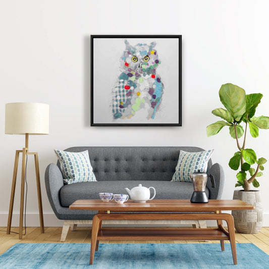 Toile encadrée texturée motif hibou abstrait | Décoration murale de chambre