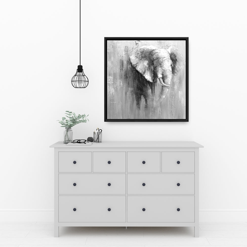 Toile abstraite représentant un éléphant en niveaux de gris | Décoration d'éléphant blanc