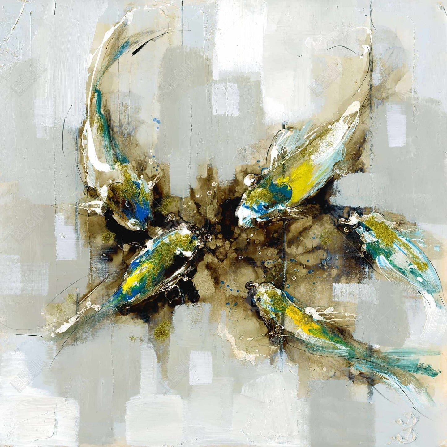 Four Abstract Koi Fishes | Blue Framed Canvas | Home Decor