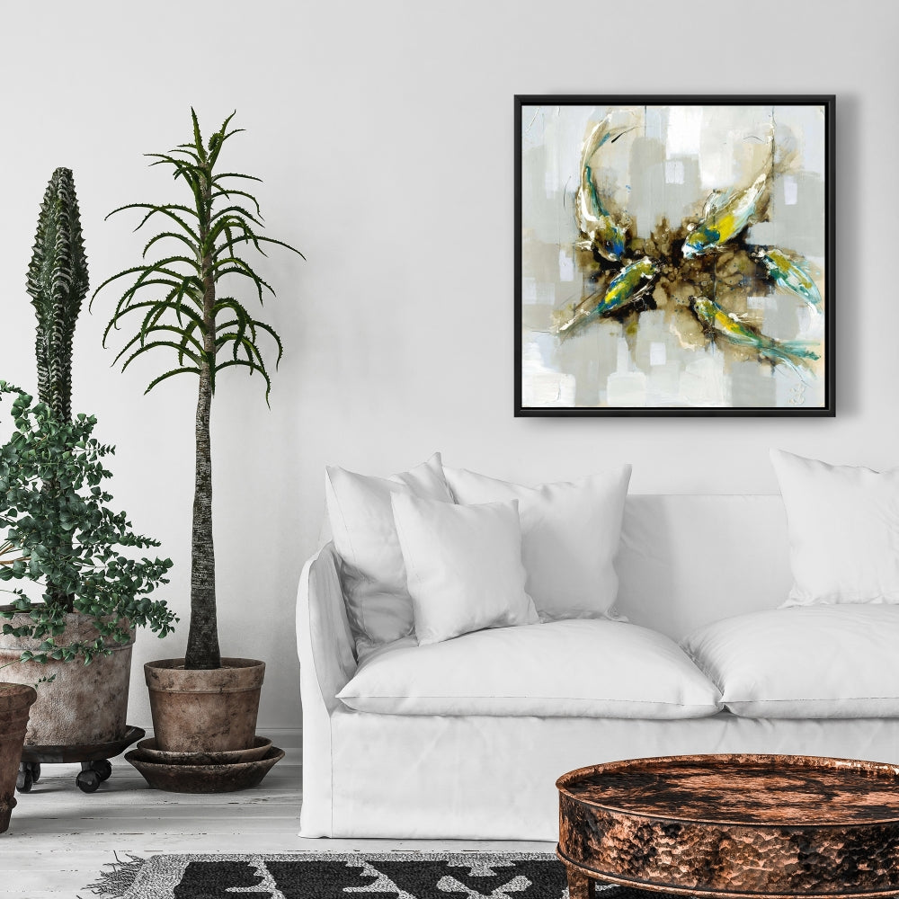 Four Abstract Koi Fishes | Blue Framed Canvas | Home Decor