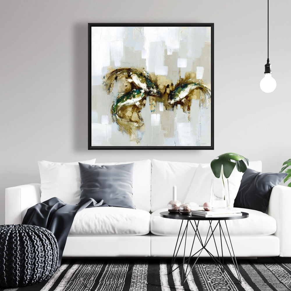 Toile de chambre asiatique marron | Décor abstrait de trois carpes koï