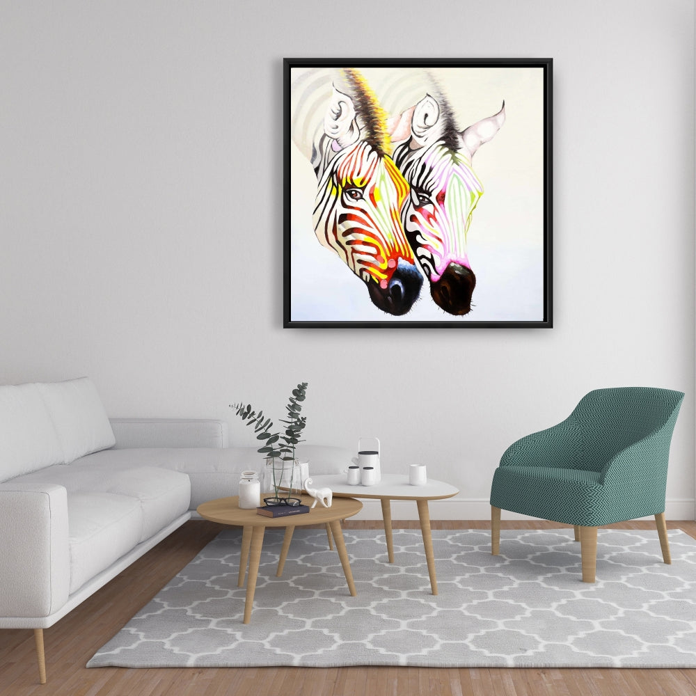 Colorful Zebras Canvas | Yellow Frame | Bedroom Wildlife Decor