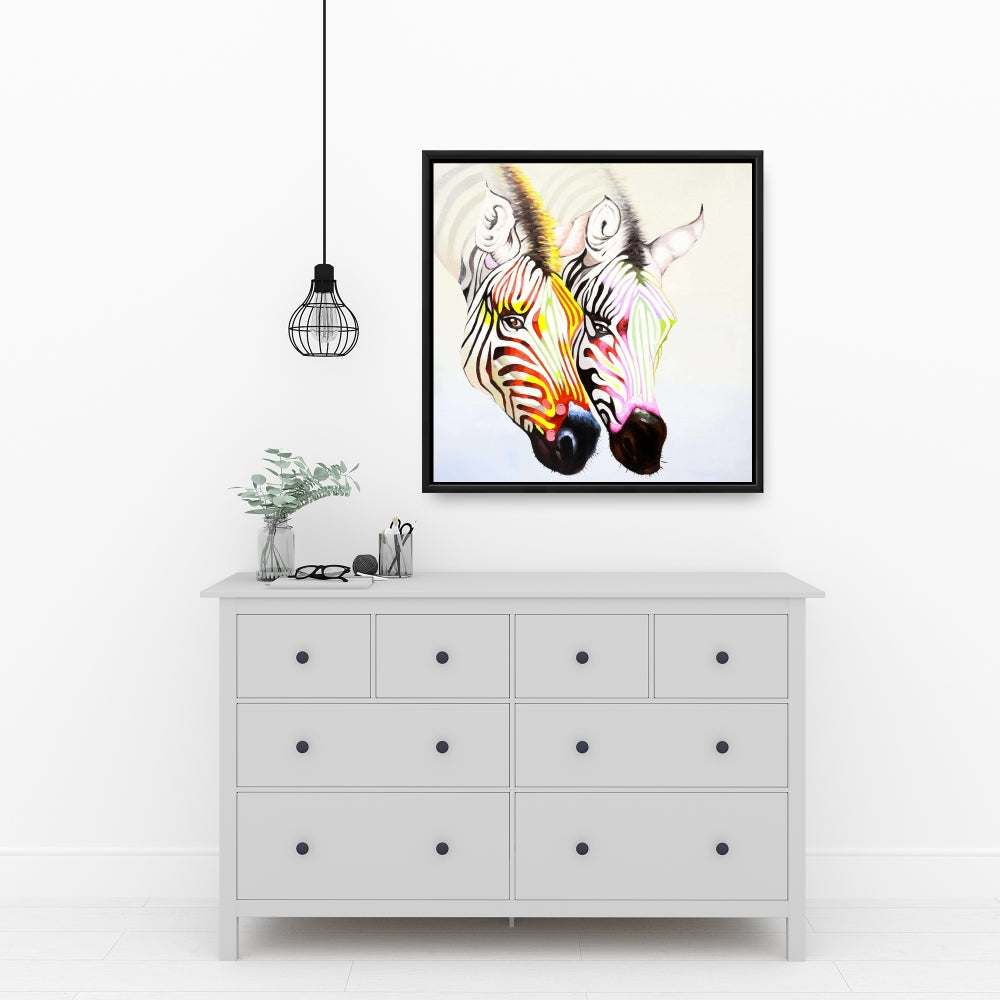 Colorful Zebras Canvas | Yellow Frame | Bedroom Wildlife Decor