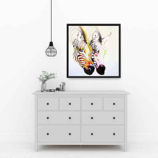 Toile Zèbres colorés | Cadre jaune | Décoration animalière pour chambre