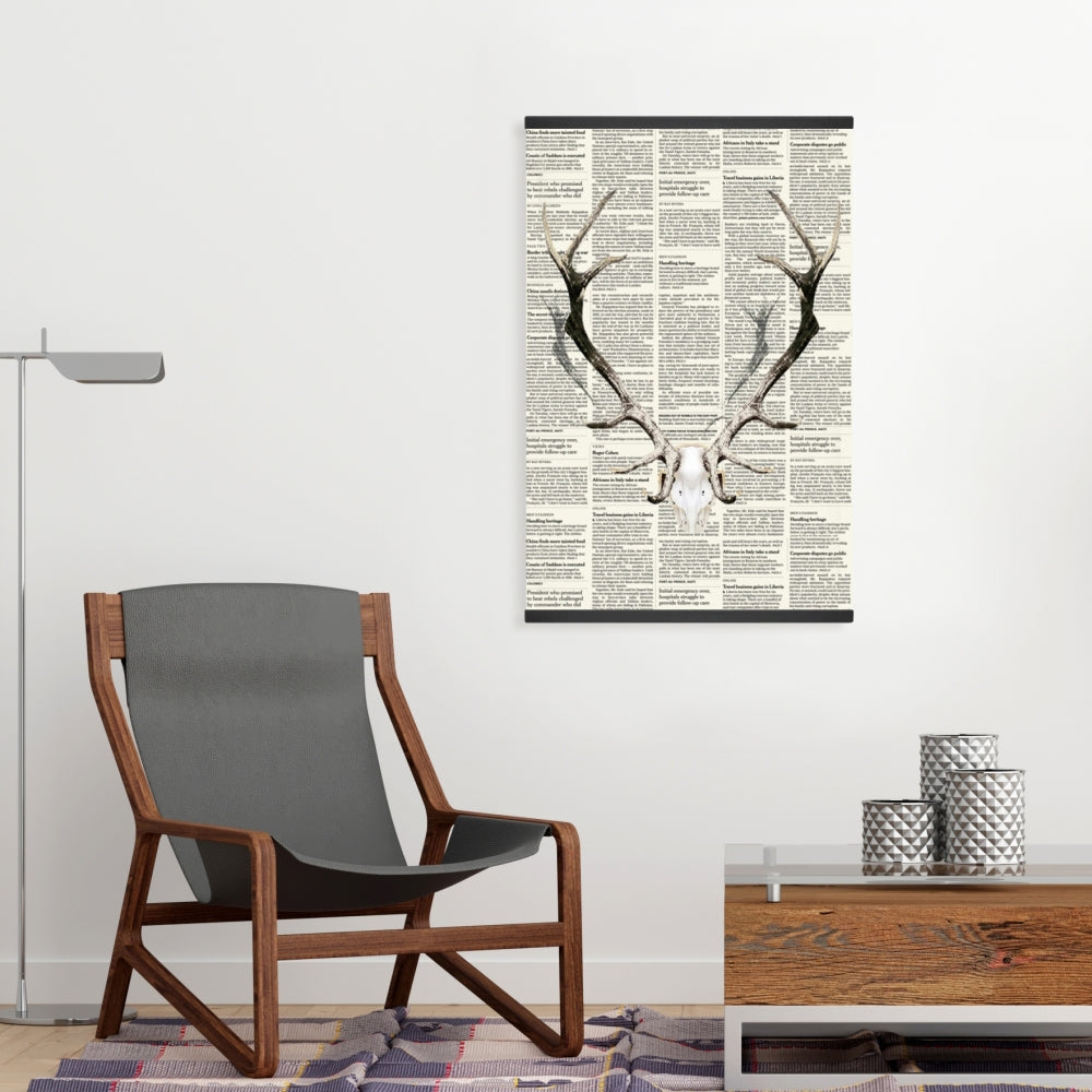 Rustic Brown Bedroom Canvas | Deer Horns on Newspaper Decor