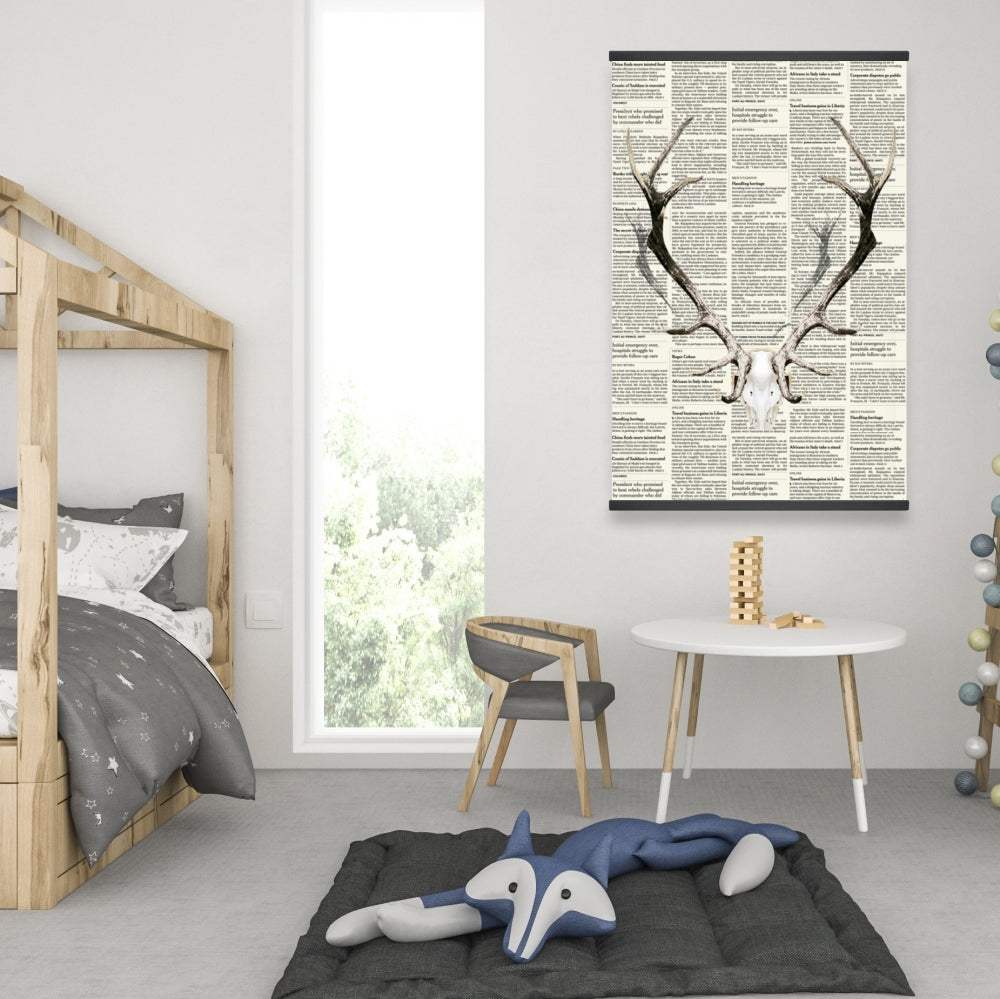 Rustic Brown Bedroom Canvas | Deer Horns on Newspaper Decor