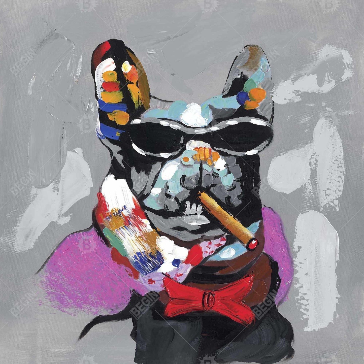 Toile abstraite représentant un bouledogue avec un cigare – Décoration contemporaine pour animaux de compagnie