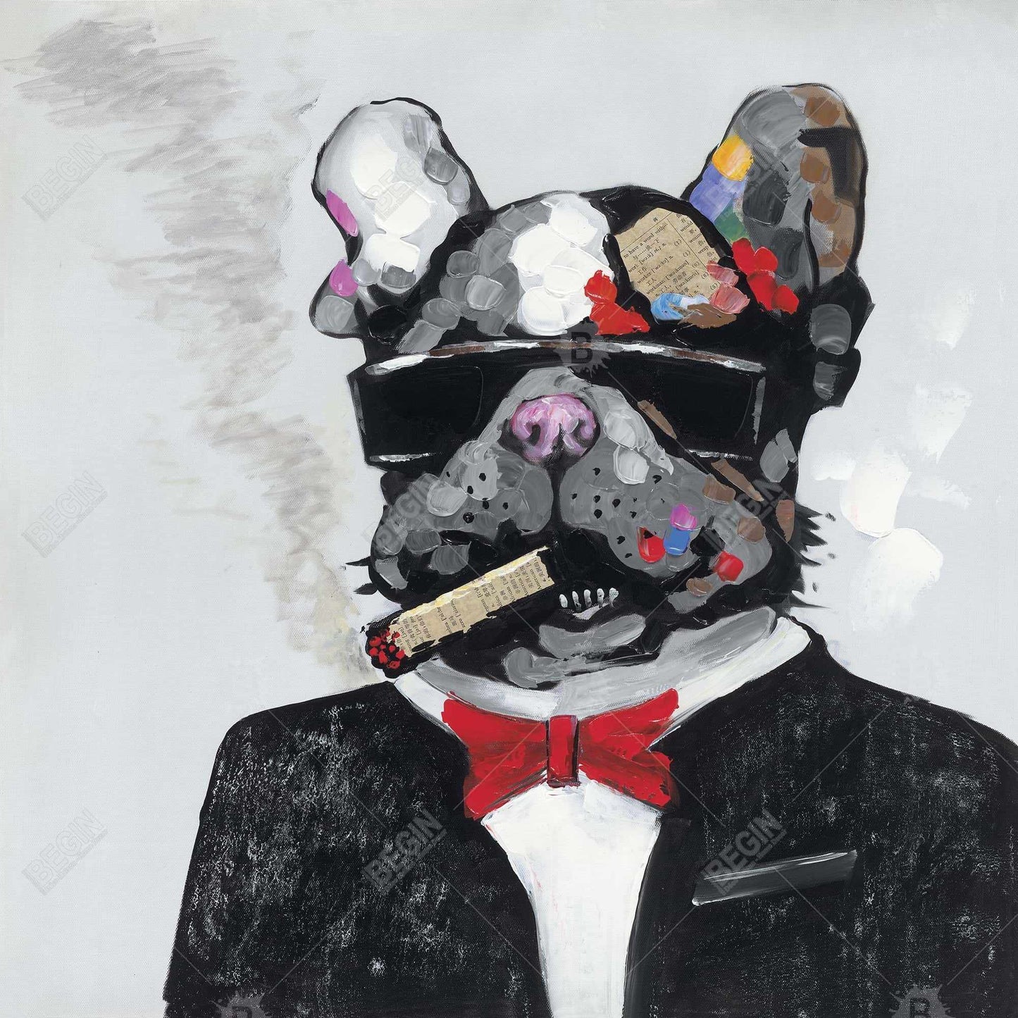 Toile représentant un bouledogue fumeur - Cadre gris - Décoration d'intérieur