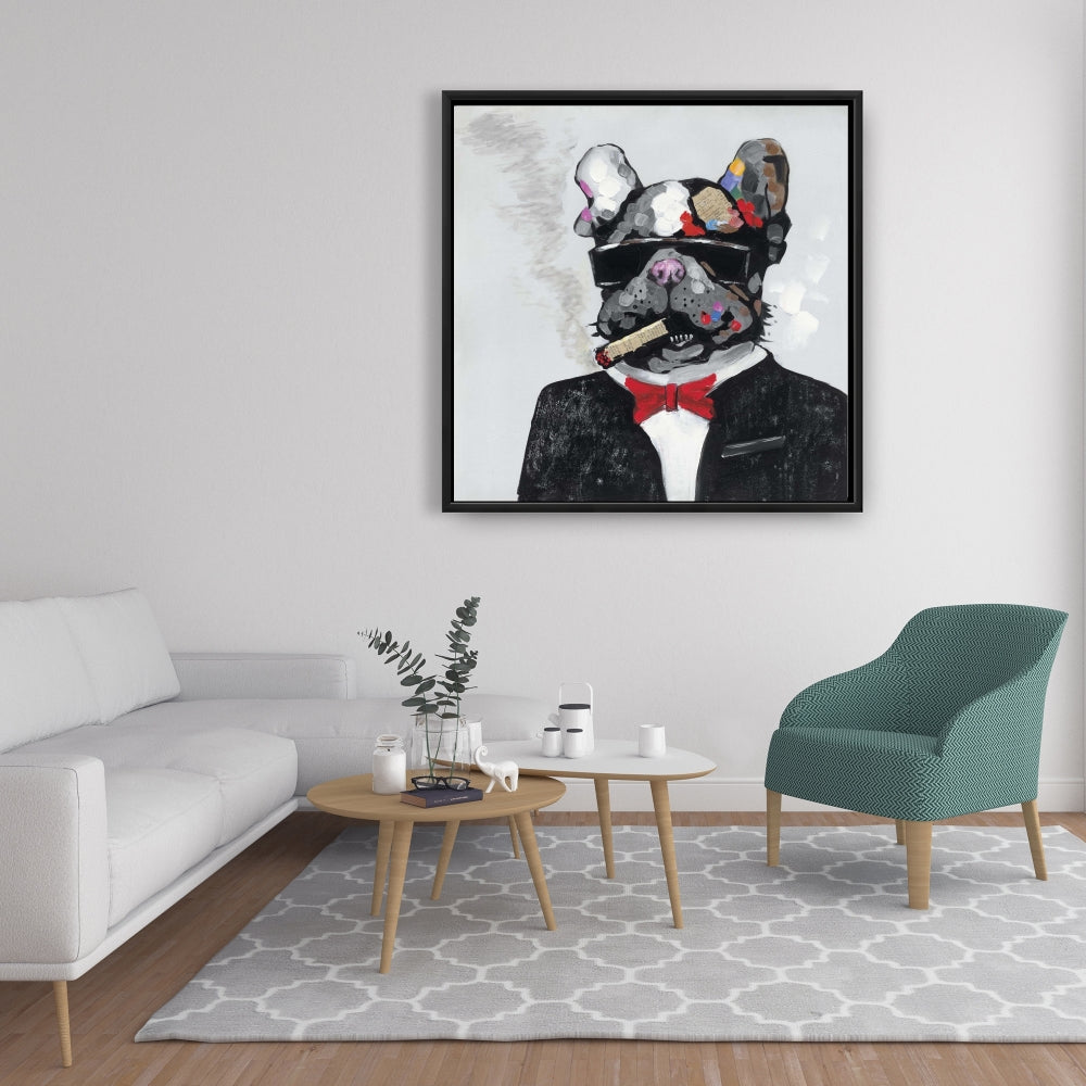 Toile représentant un bouledogue fumeur - Cadre gris - Décoration d'intérieur