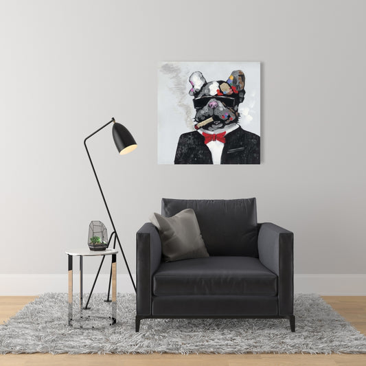 Smoking Gangster Bulldog Canvas | Gray Animal Art Home Decor