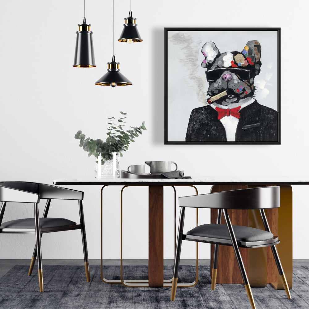 Toile représentant un bouledogue fumeur - Cadre gris - Décoration d'intérieur