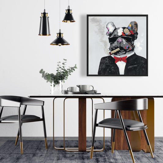 Smoking Gangster Bulldog Canvas - Gray Frame Home Decor
