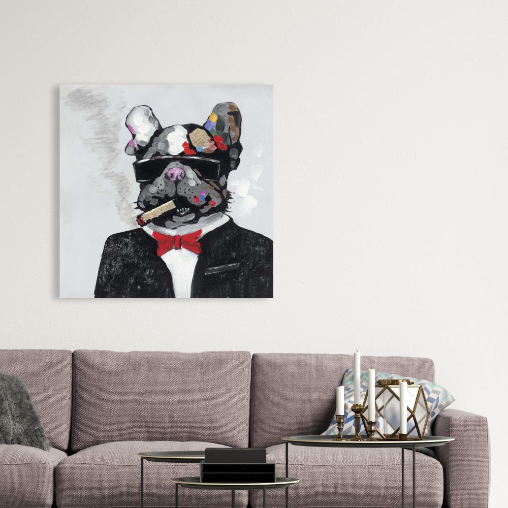 Smoking Gangster Bulldog Canvas | Gray Animal Art Home Decor