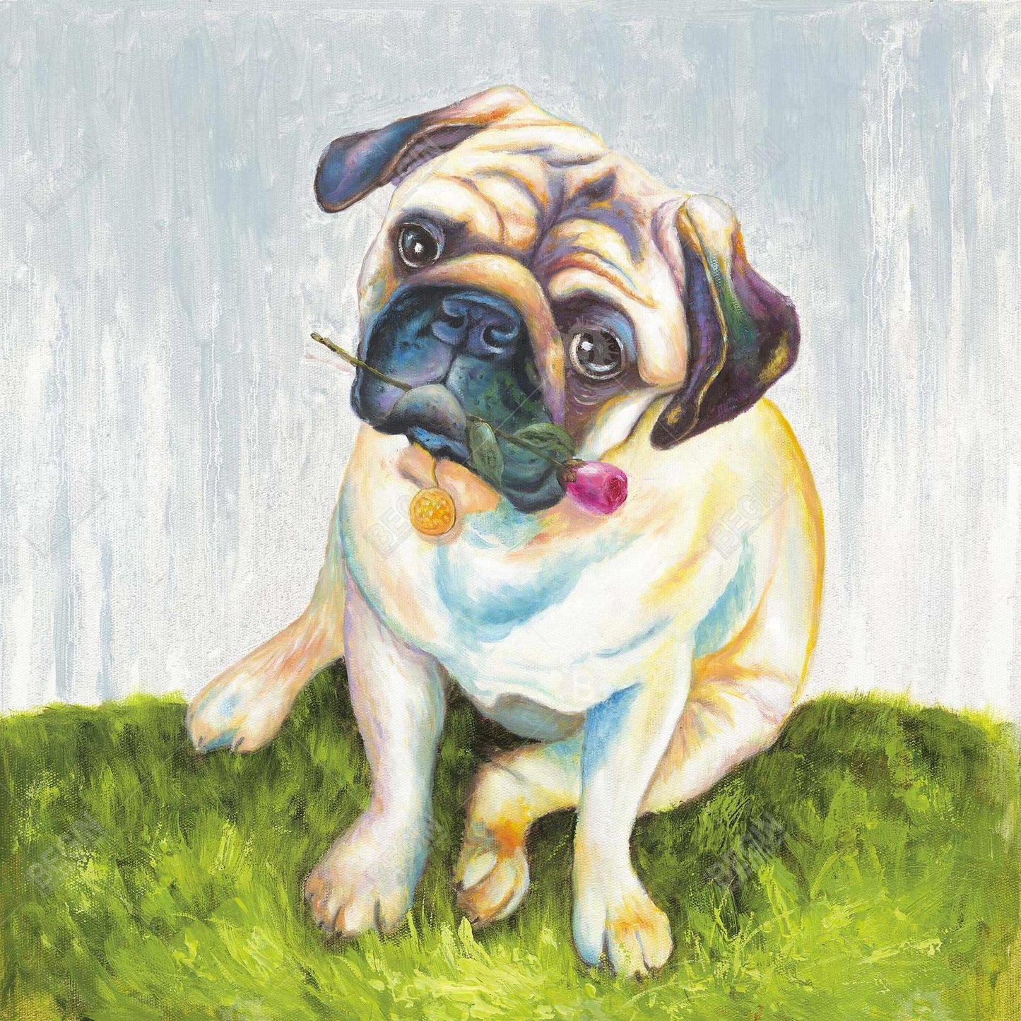 Cute Pug with Rose | Blue Bedroom Canvas Art for Home Decor