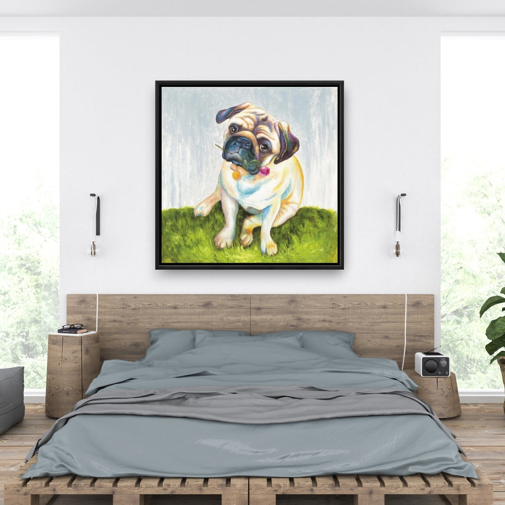 Toile « Carlin mignon avec rose » | Décoration animalière contemporaine