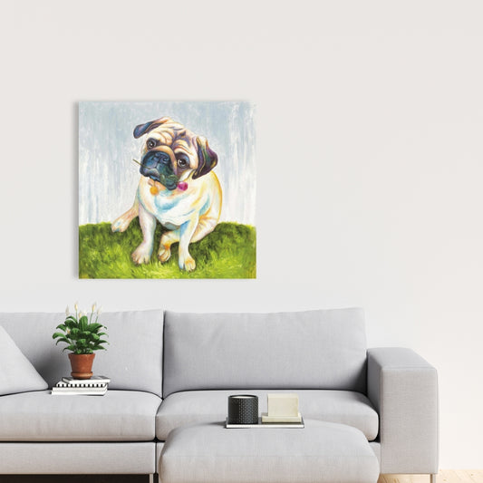 Cute Pug with Rose | Blue Bedroom Canvas Art for Home Decor