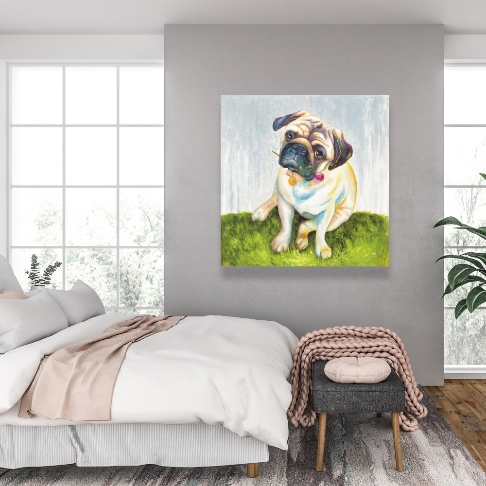 Cute Pug with Rose | Blue Bedroom Canvas Art for Home Decor