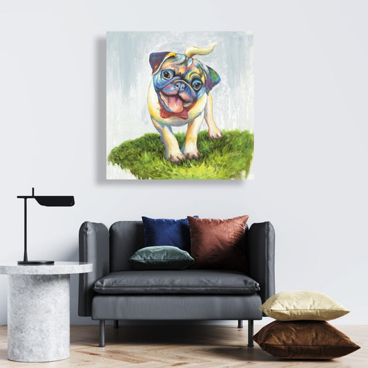 Colorful Smiling Pug Canvas - Blue Animal Art for Home Decor