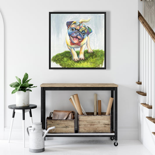 Carlin souriant et coloré | Toile encadrée bleue pour décoration de chambre