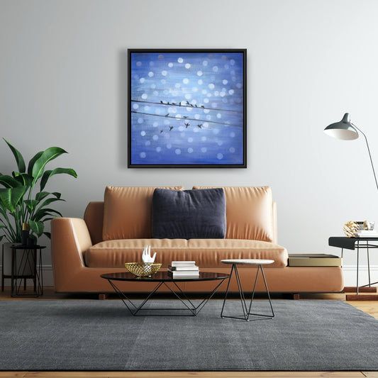 Blue Shapes Framed Canvas - Birds on Glittering Sky Decor