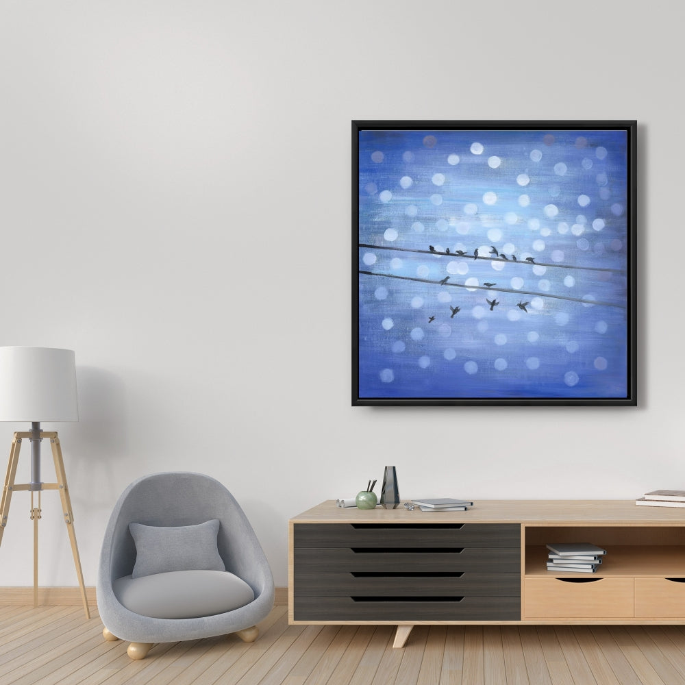 Toile encadrée Formes bleues – Décor oiseaux sur ciel scintillant