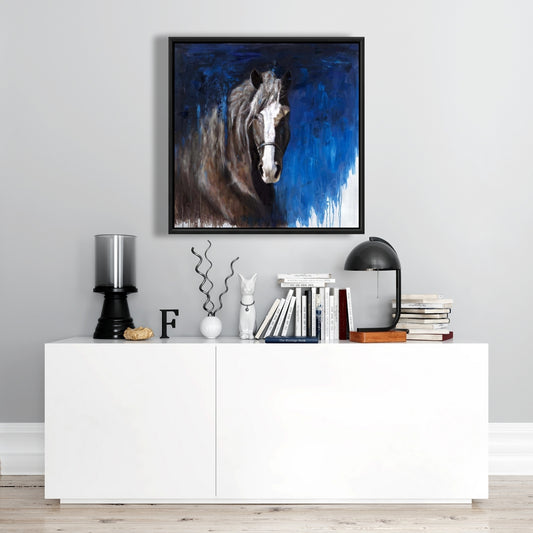 Toile bleue avec cheval brun | Décoration d'intérieur encadrée avec animaux de la ferme