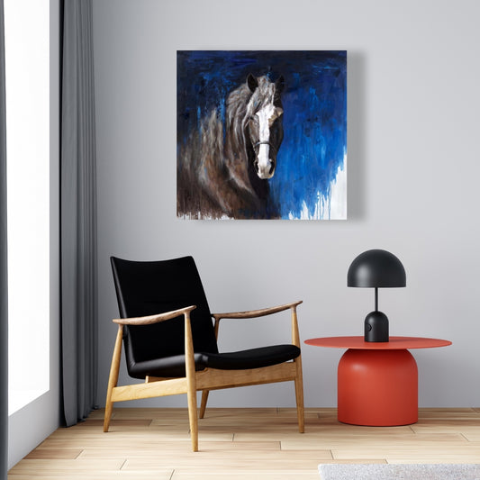 Toile bleue avec cheval brun | Décoration murale animalière pour chambre à coucher