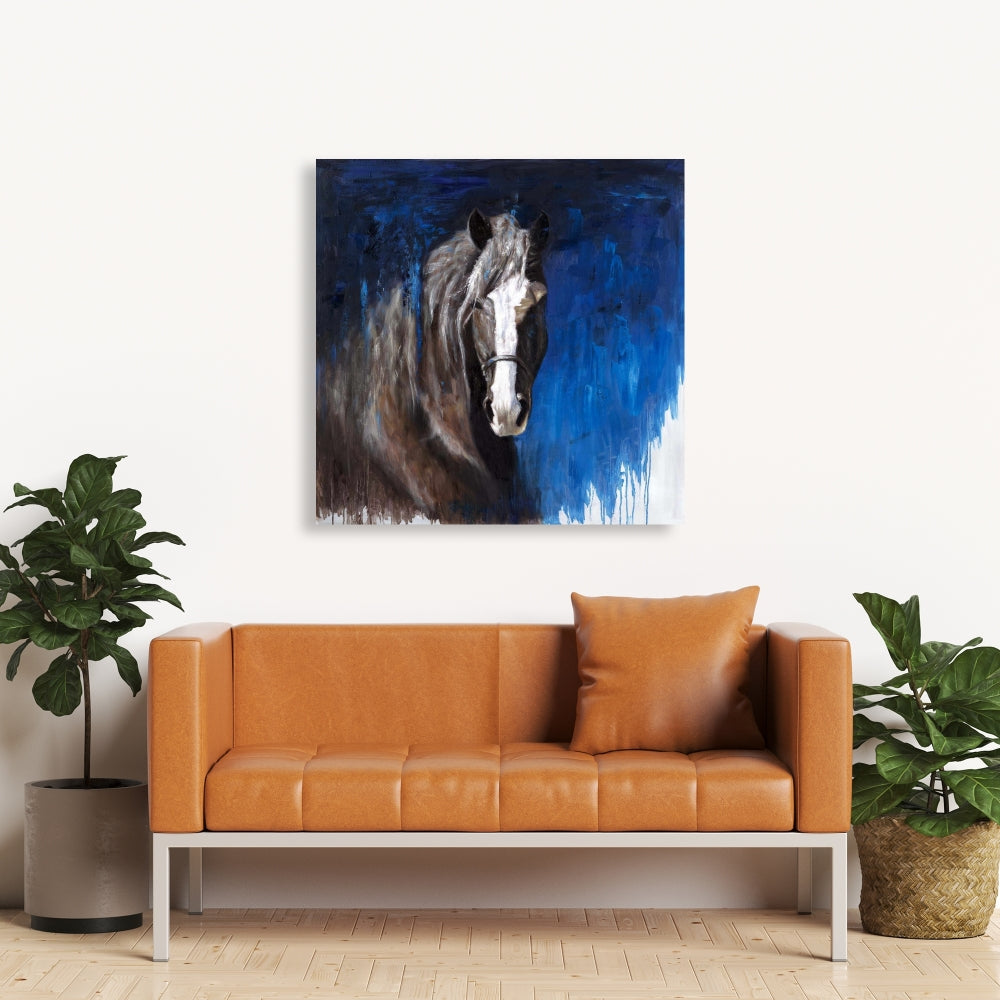 Brown Horse Blue Canvas | Animal Bedroom Decor Wall Art