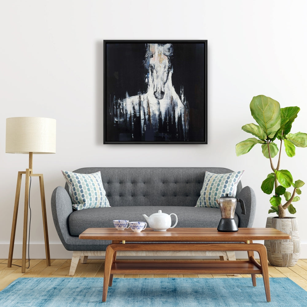 Toile abstraite de cheval blanc | Décoration d'intérieur avec animaux de la ferme bleus
