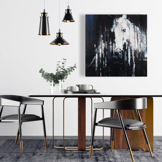 Toile bleue abstraite avec cheval | Décoration de chambre avec animaux de la ferme