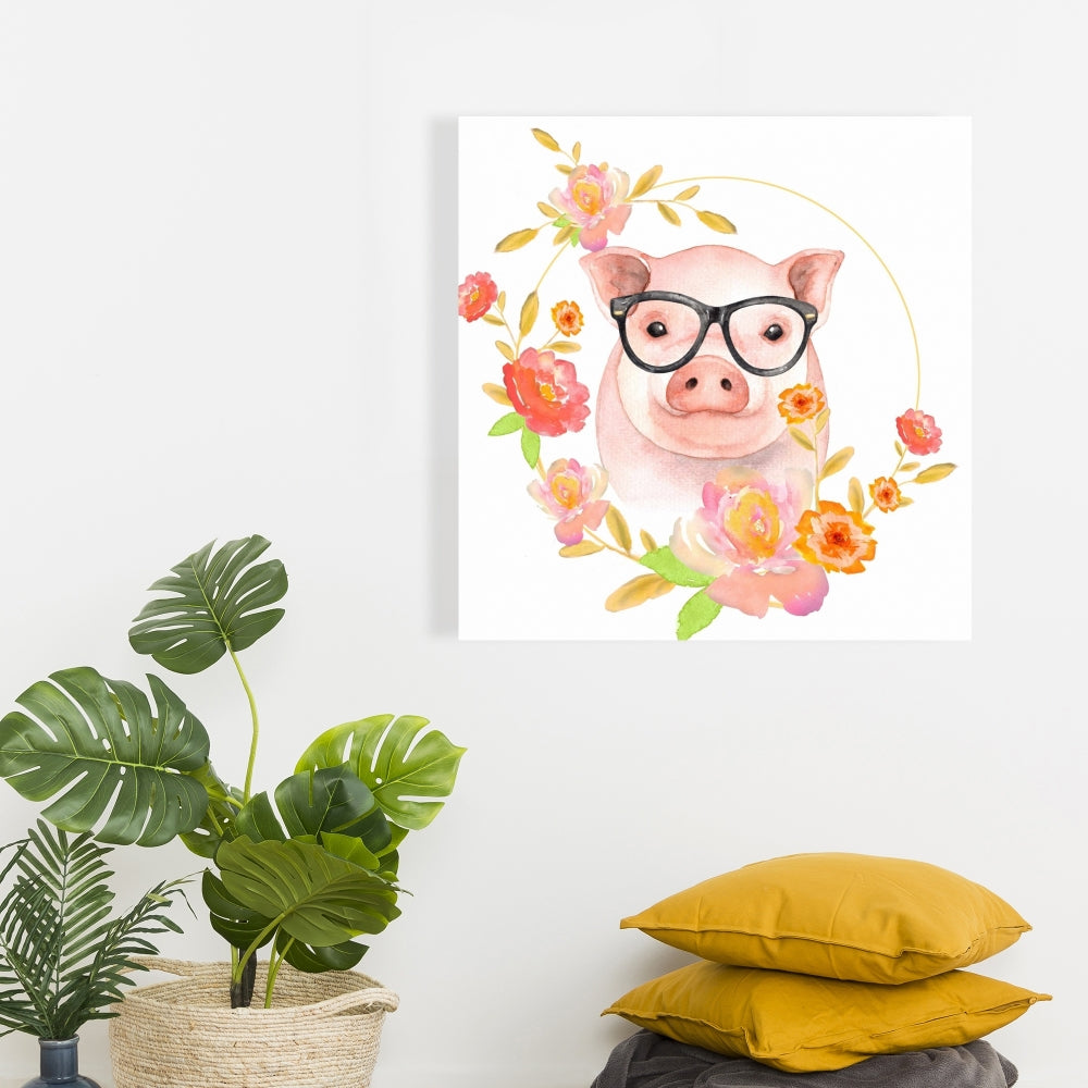 Happy Little Pig Canvas - Farm Animal Yellow Wall Art Decor