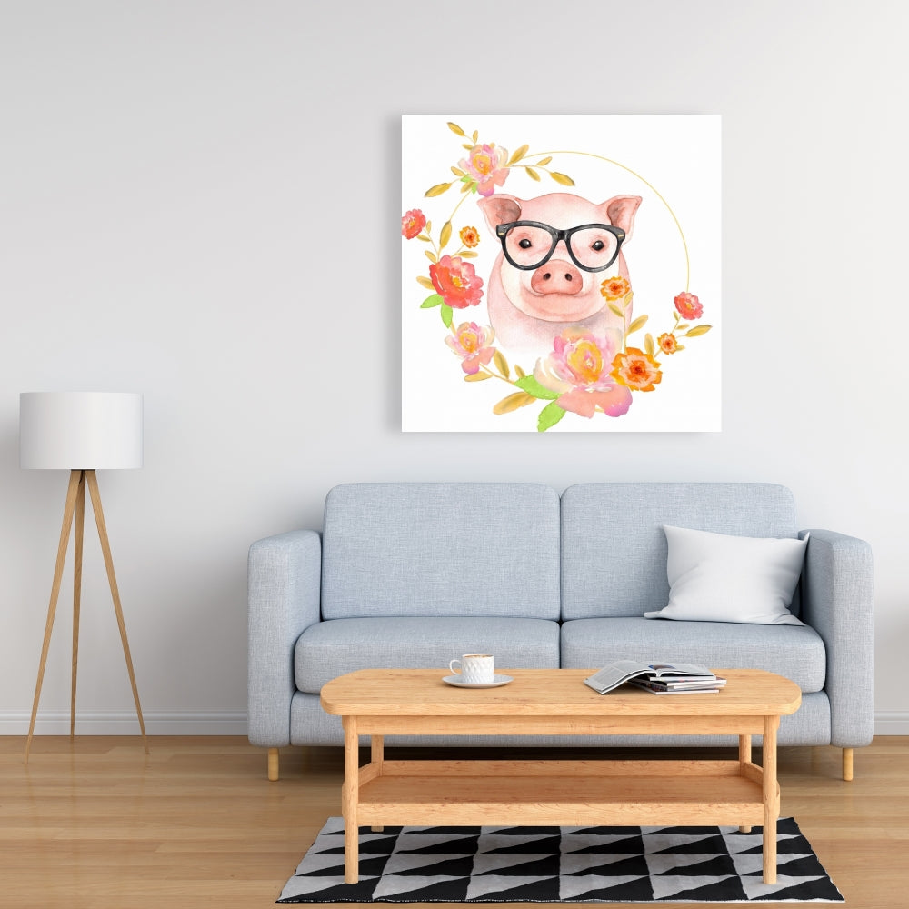 Happy Little Pig Canvas - Farm Animal Yellow Wall Art Decor