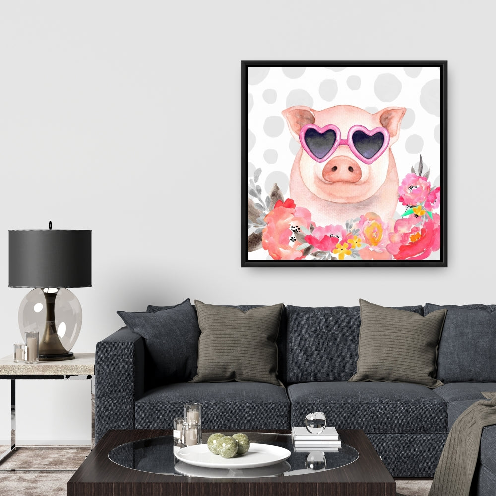Pink Farm Animals Canvas - Little Pig in Love Home Decor
