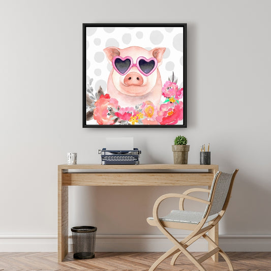 Pink Farm Animals Canvas - Little Pig in Love Home Decor