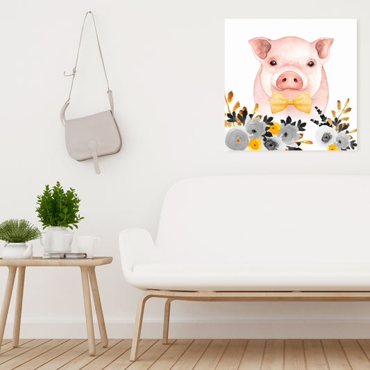 Toile jaune « Chic Pig » | Décoration murale animalière pour chambre à coucher