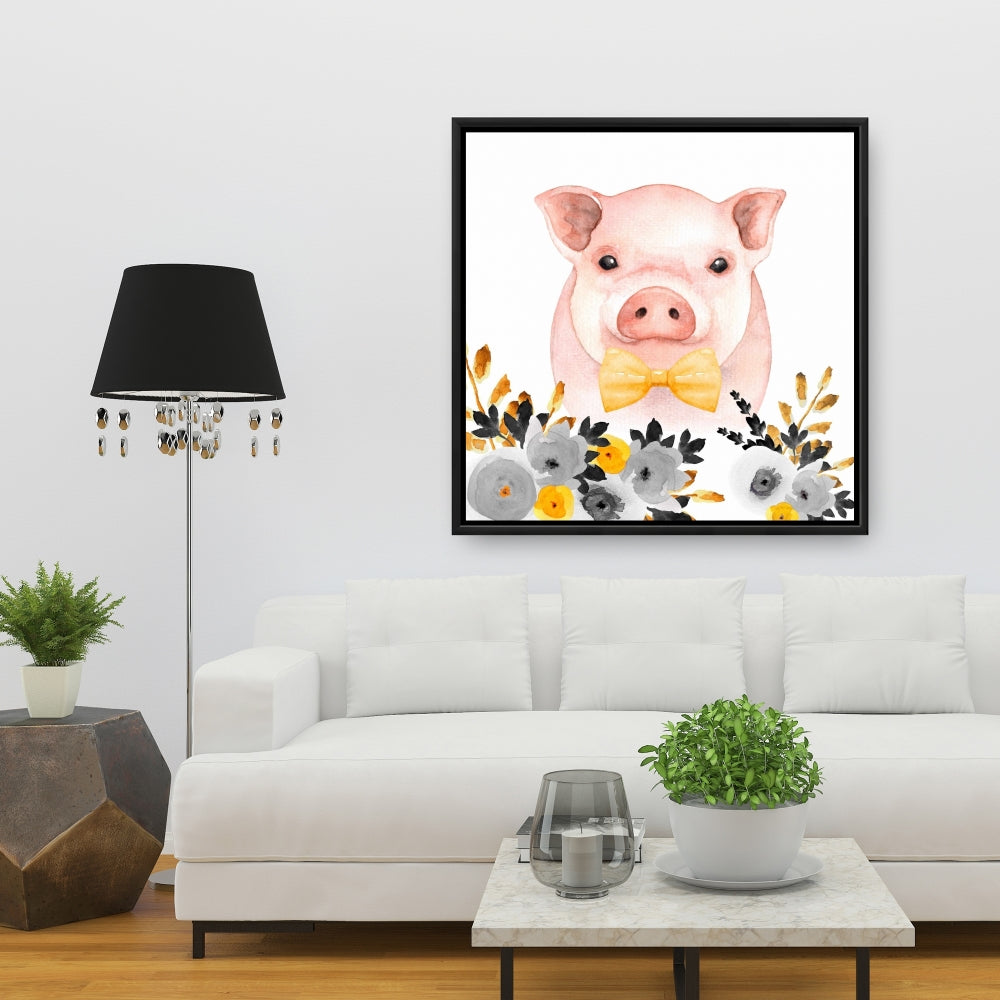 Toile encadrée « Chic Pig » | Décoration de ferme avec animaux jaunes