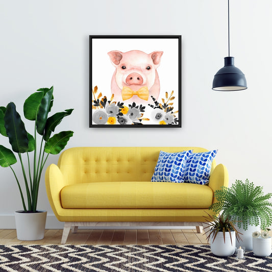 Toile encadrée « Chic Pig » | Décoration de ferme avec animaux jaunes