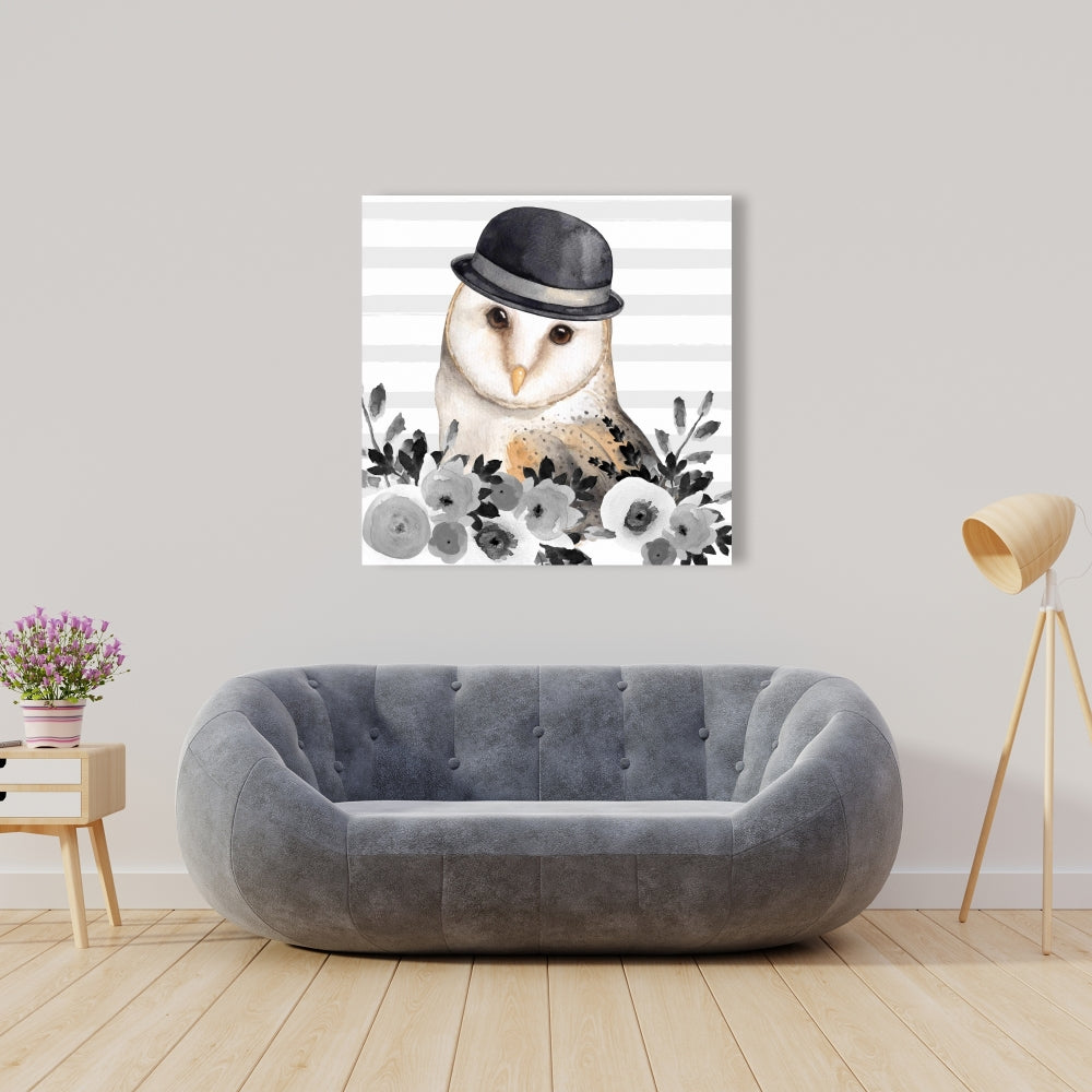 Owl Detective White Flowers Canvas - Home Decor Wall Art