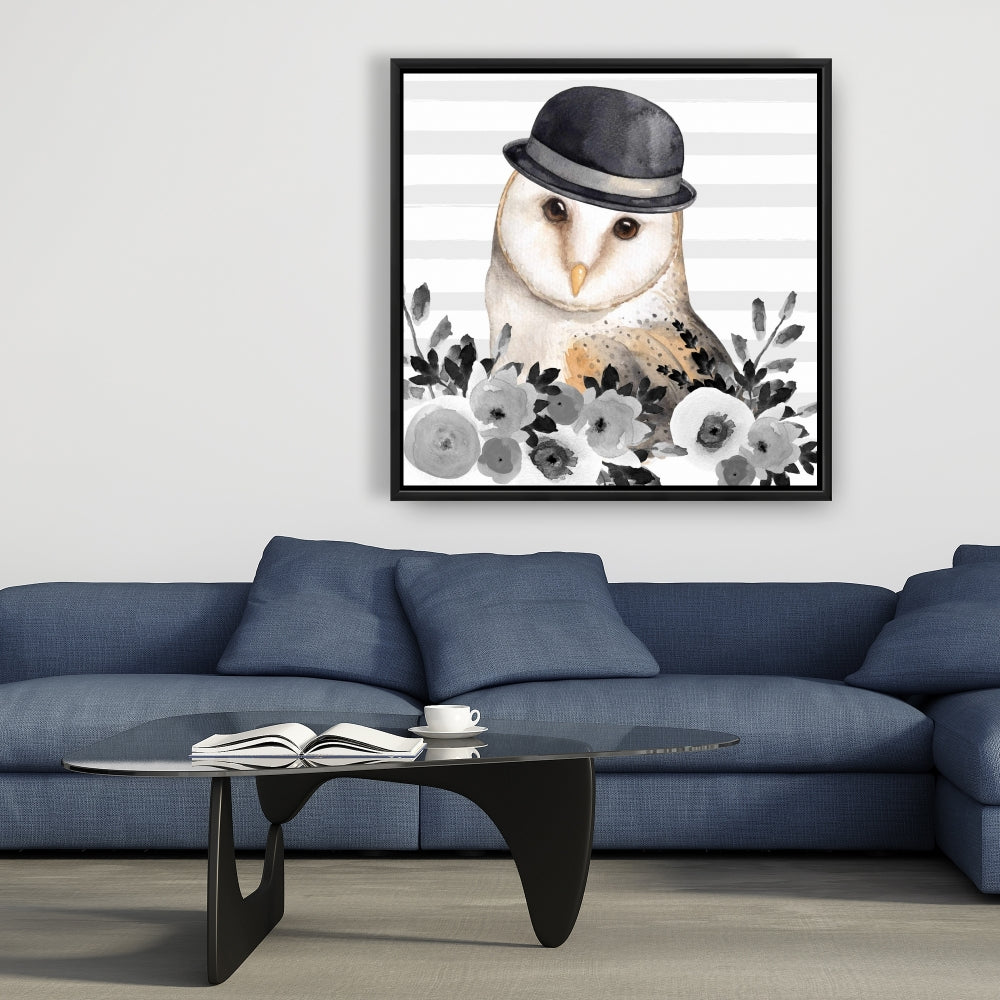 Toile encadrée blanche « Détective Chouette » – Décoration d'intérieur illustrative
