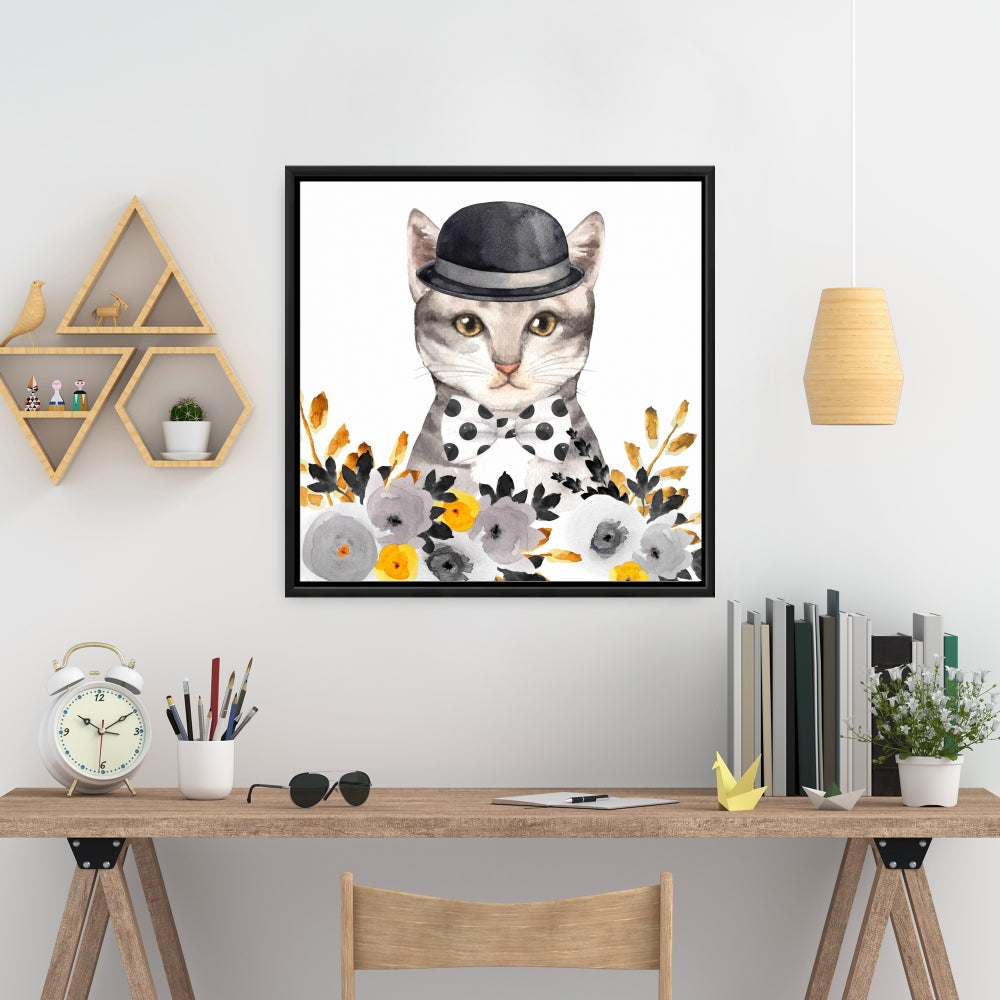 Toile encadrée « Chat chic » | Décoration animalière grise pour chambre